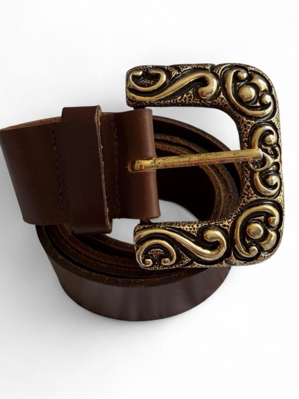 Classic Brown Leather Belt with Ornate Gold Buckle